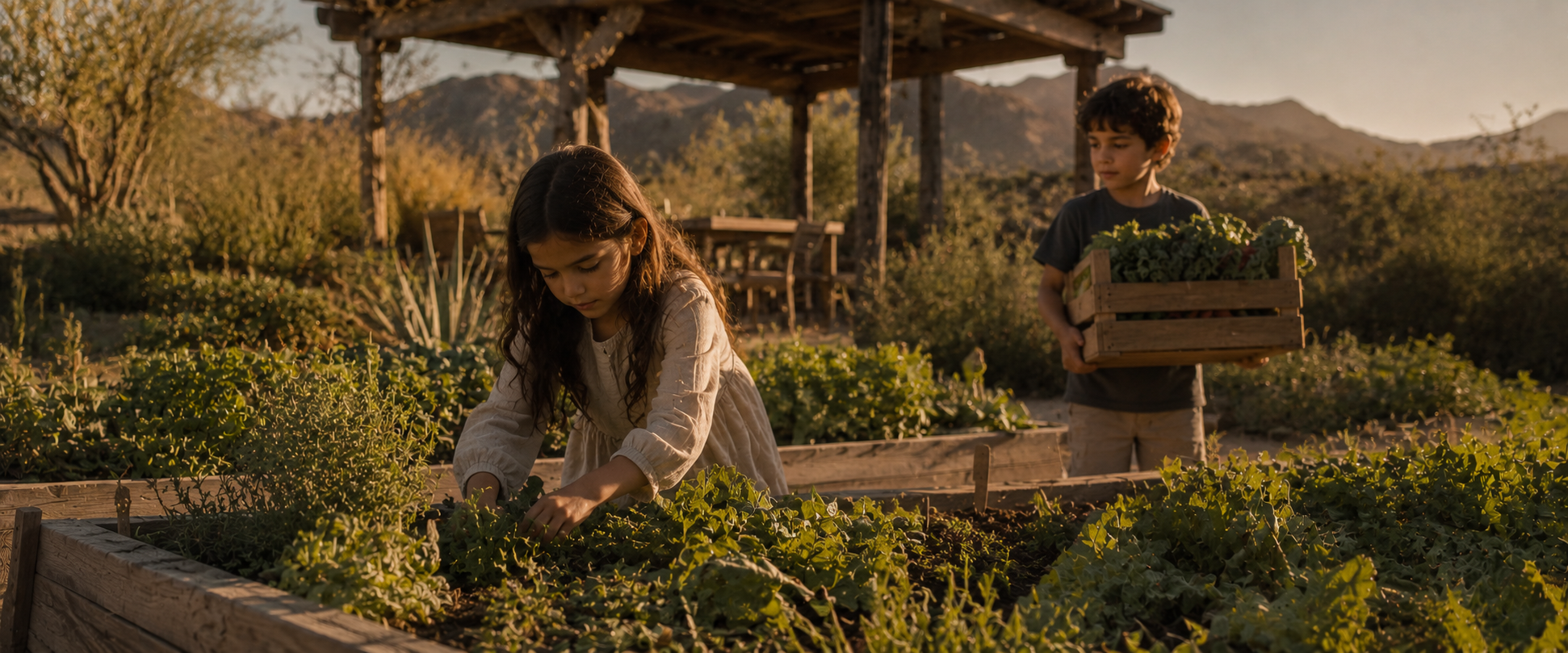 Niños cosechando vegetales en el huerto comunitario de Rancho El Cocula