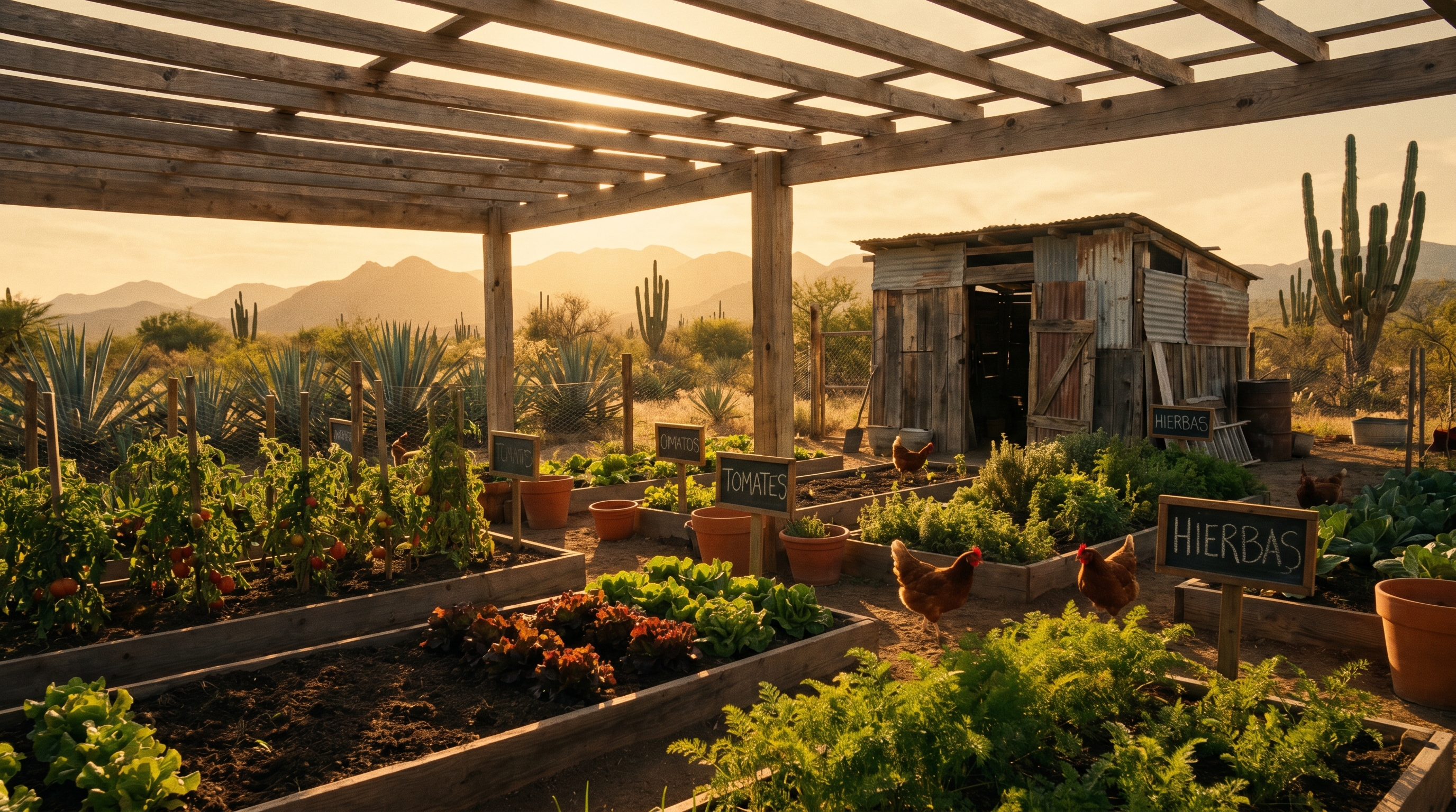 Huerto orgánico de Rancho El Cocula en el entorno desértico de Baja California Sur
