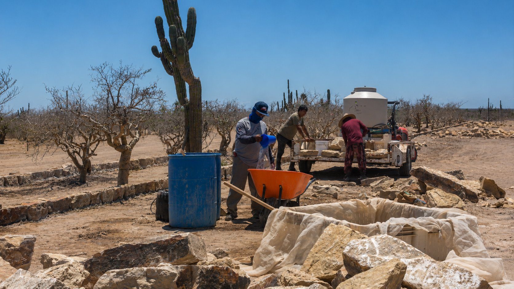 Equipo trabajando con piedra natural en Rancho El Cocula