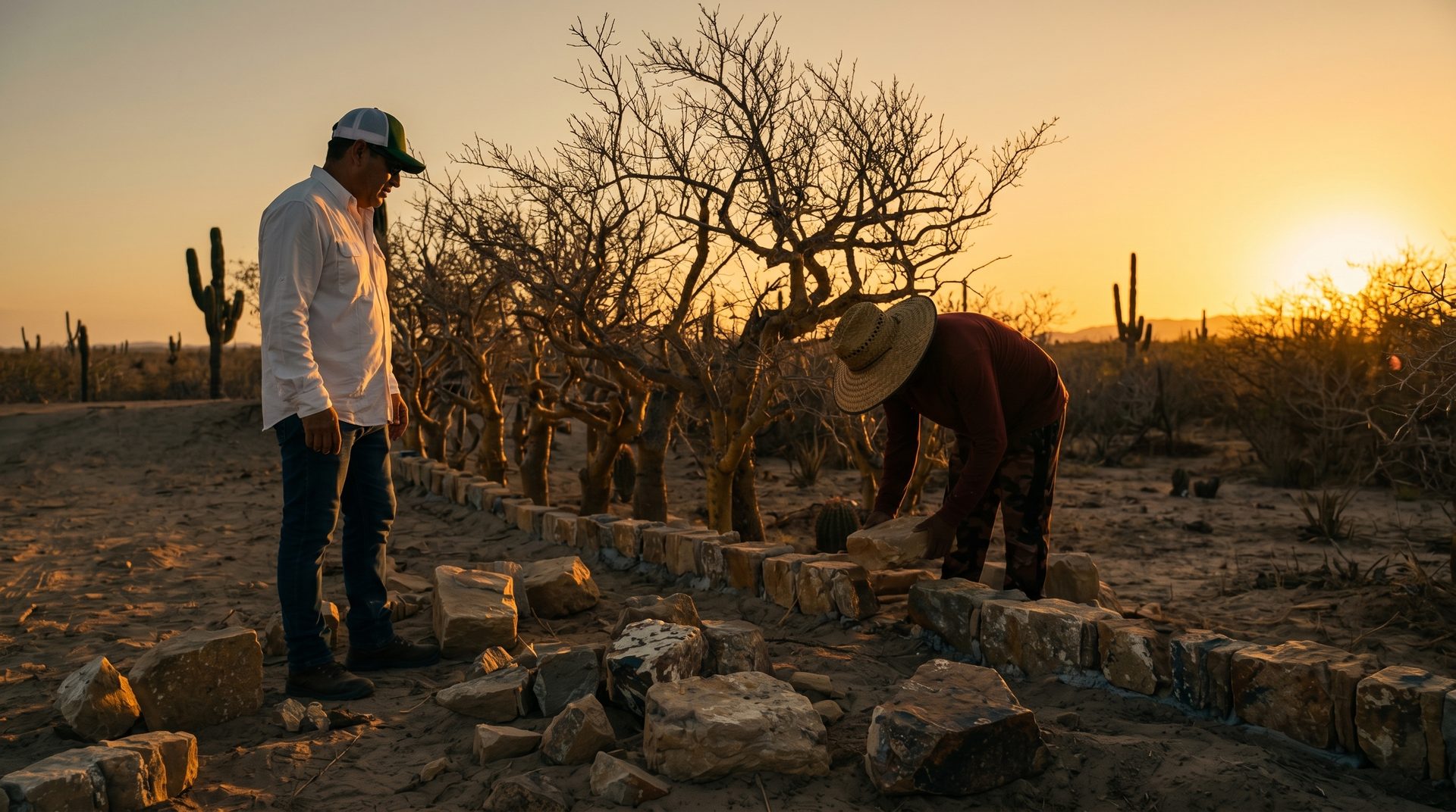 Muro de piedra al atardecer en Rancho El Cocula